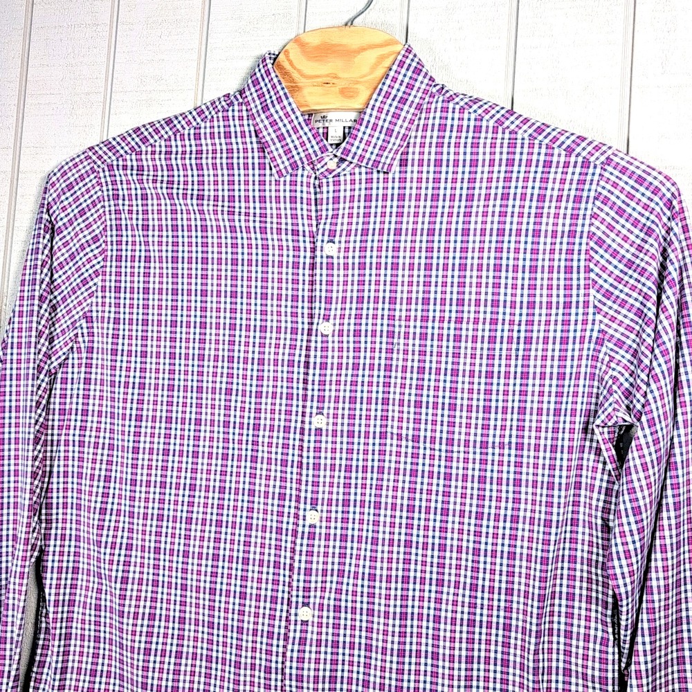 Peter Millar Dress Shirt Men's Size L Crown Purple Plaid Button Up Pelican Marsh - Picture 5 of 12